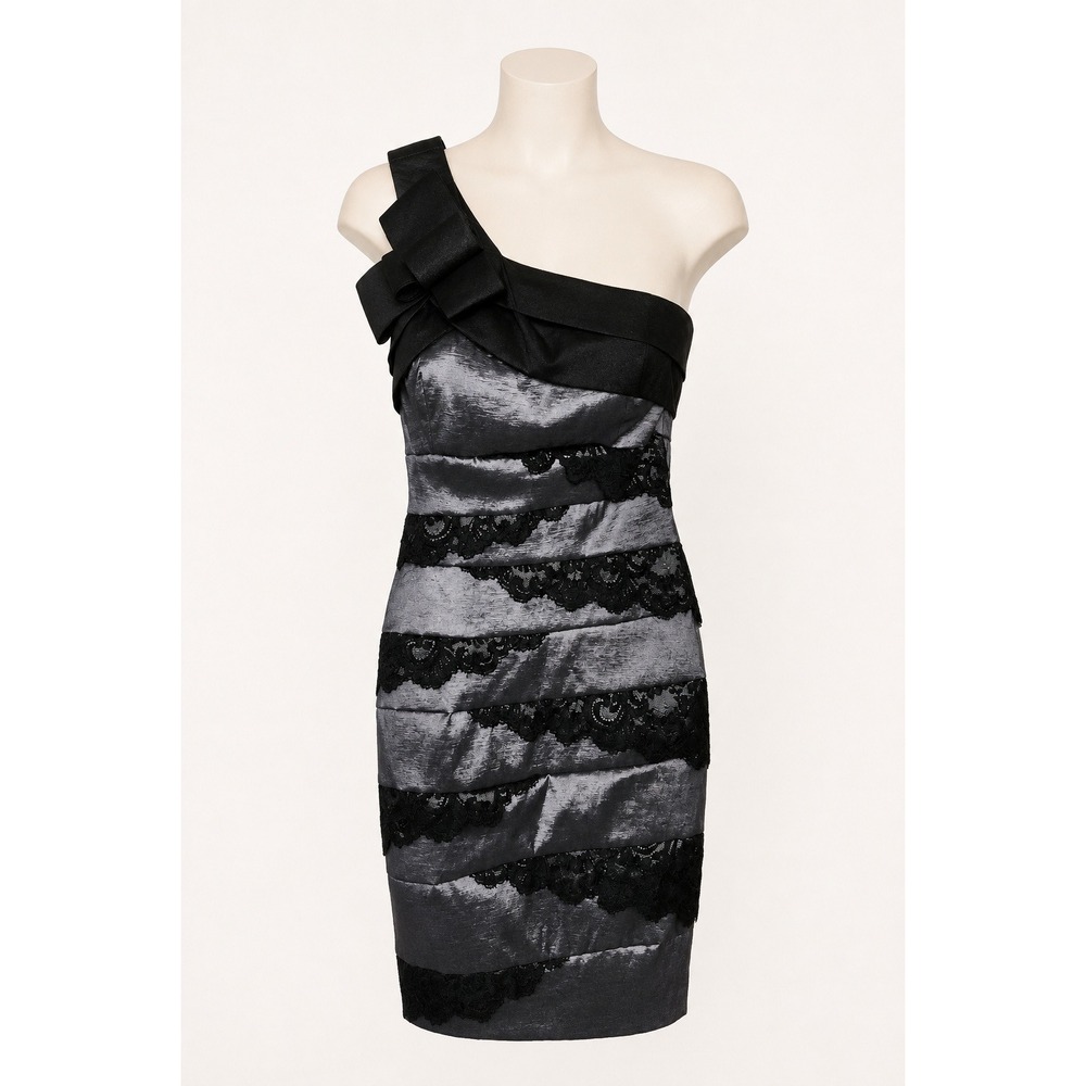 Betsy & Adam One Shoulder Metallic Silver Black Lace Tiered Cocktail Dress 10